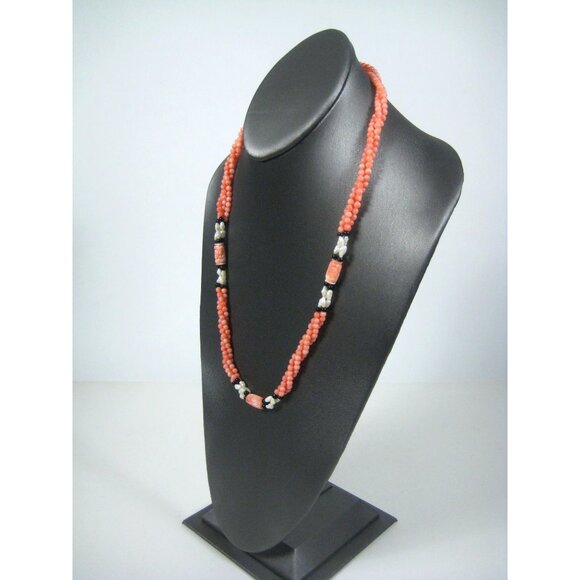 Vintage Coral Carved Bead Necklace Multi Strand Fresh Water Pearls 25 inch - Picture 9 of 13